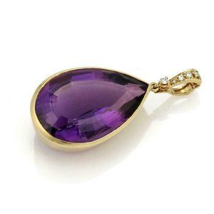 Pear 35.09ct Amethyst & Diamond 14k Gold Pendant